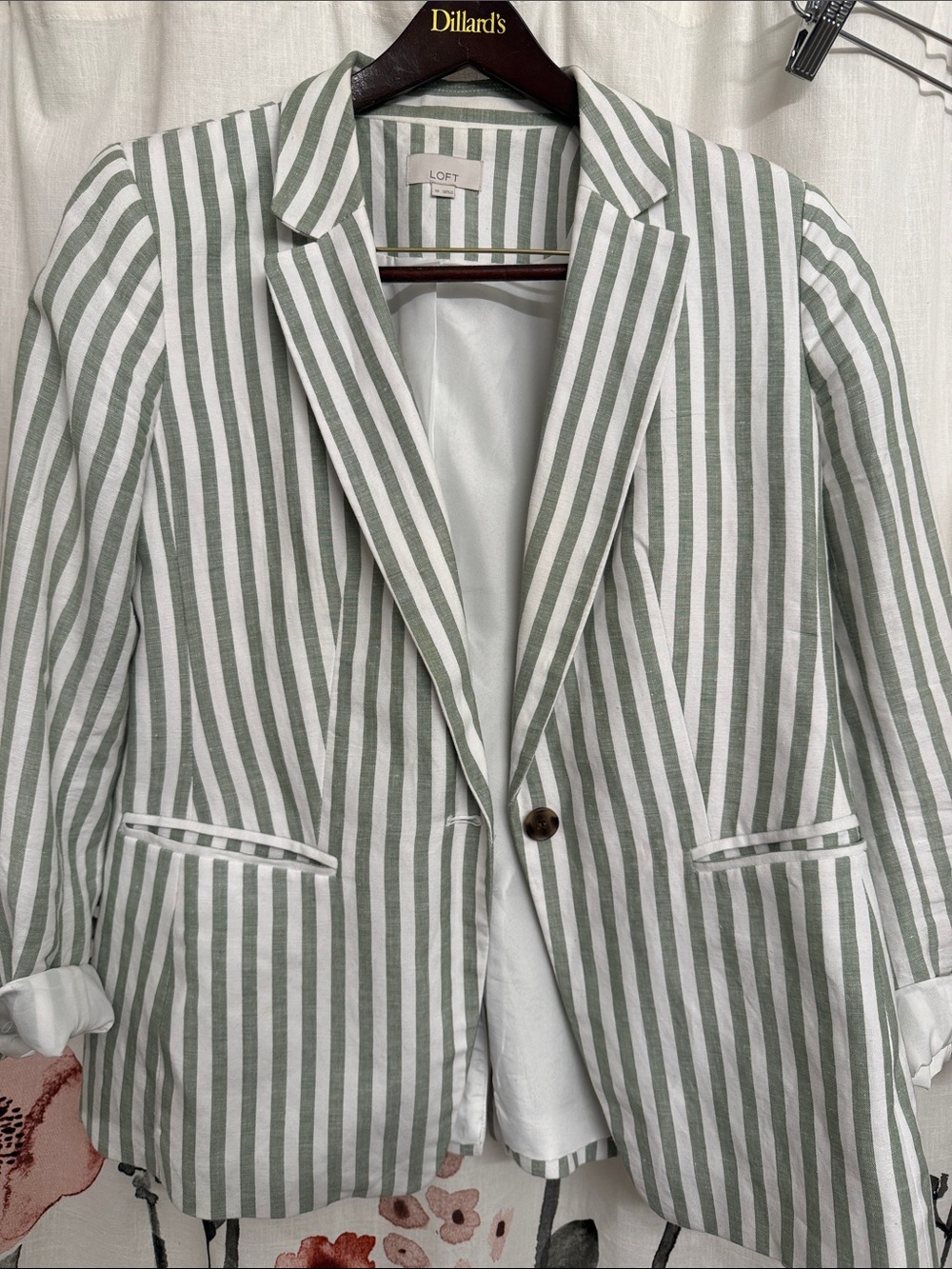LOFT Olive Green and White Striped Blazer